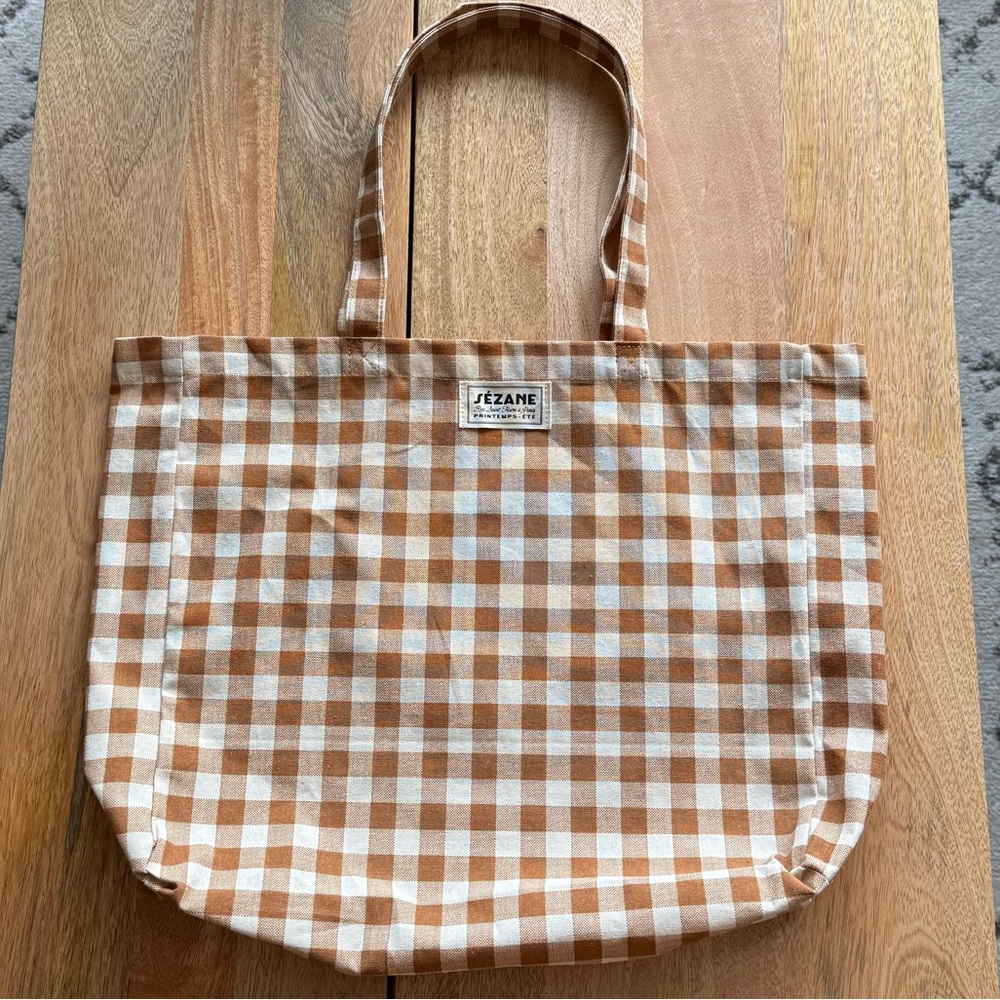 Sezane Tan and White Checkered Tote Bag